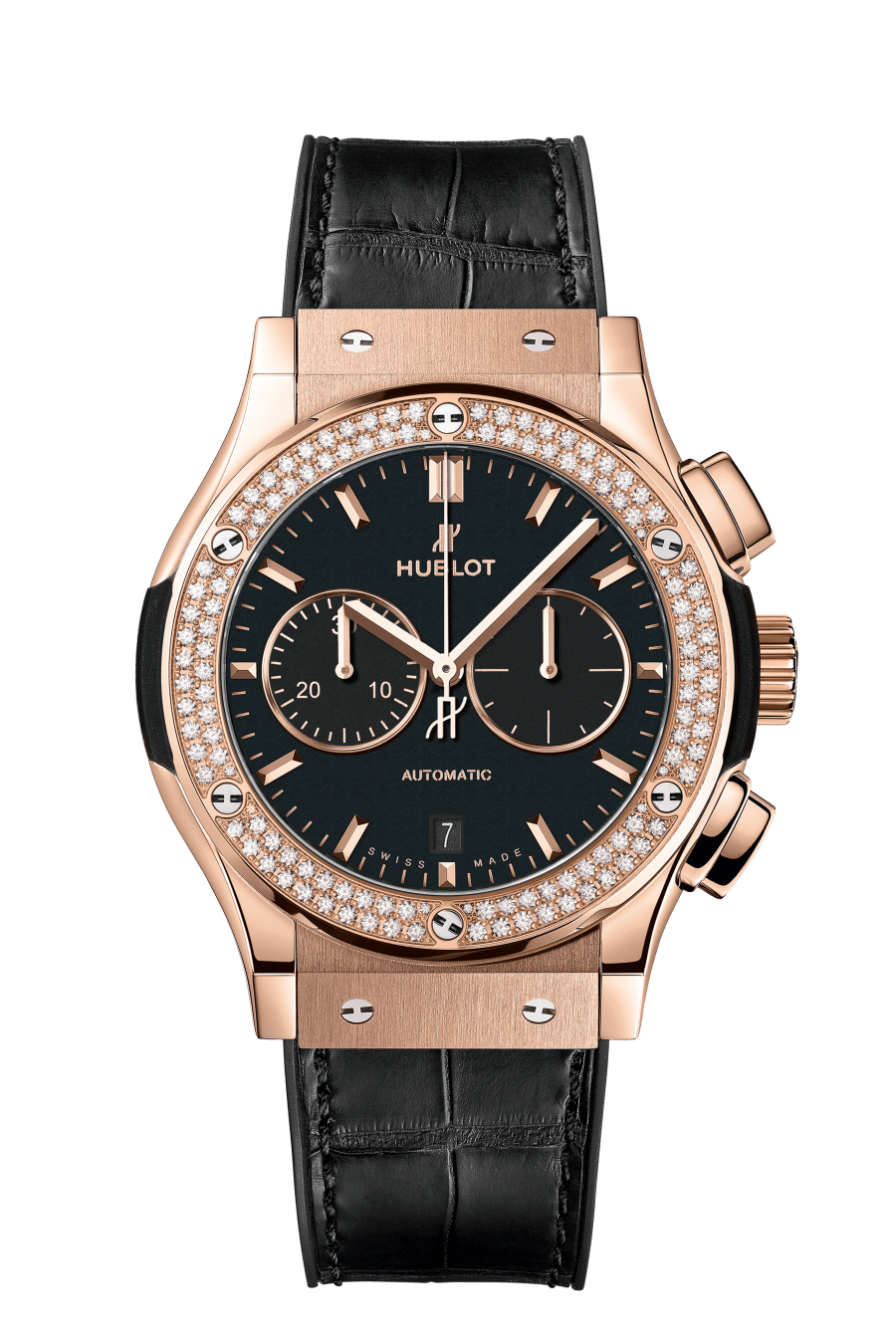 Hublot Classic Fusion Chronograph King Gold Diamonds 42 MM - Black Rubber and Alligator Strap - Diamond Bezel - Matte Black Dial - 541.OX.1181.LR.1104