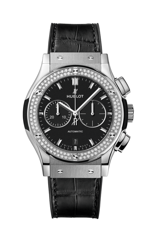 Hublot Classic Fusion Chronograph Titanium Diamonds  42 MM - Black Rubber and Alligator Strap - Matte Black Dial - 541.NX.1171.LR.1104