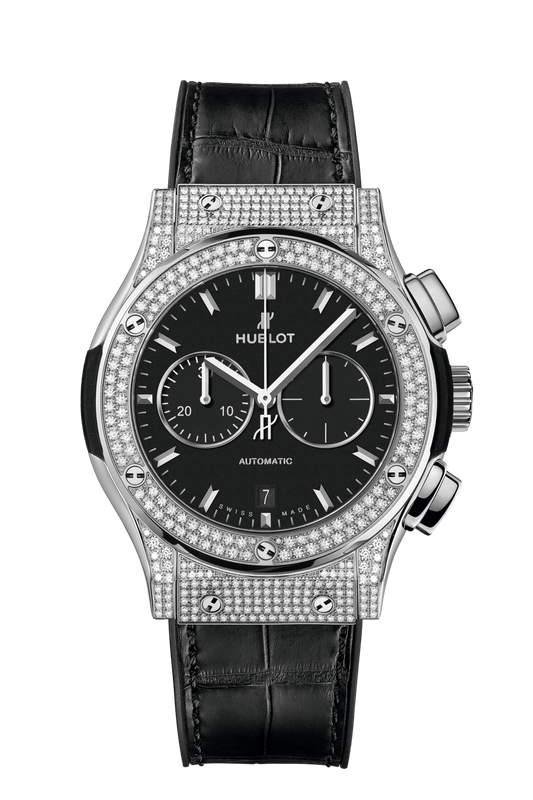 Hublot Classic Fusion Chronograph Titanium Pave 42 MM - Black Rubber and Alligator Strap - Diamond Bezel - Matte Black Dial - 541.NX.1171.LR.1704