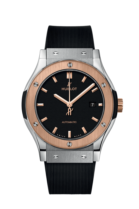 Hublot Classic Fusion Titanium King Gold 42 MM - Black Rubber Strap - Rose Gold Bezel - Black Dial - 542.NO.1181.RX