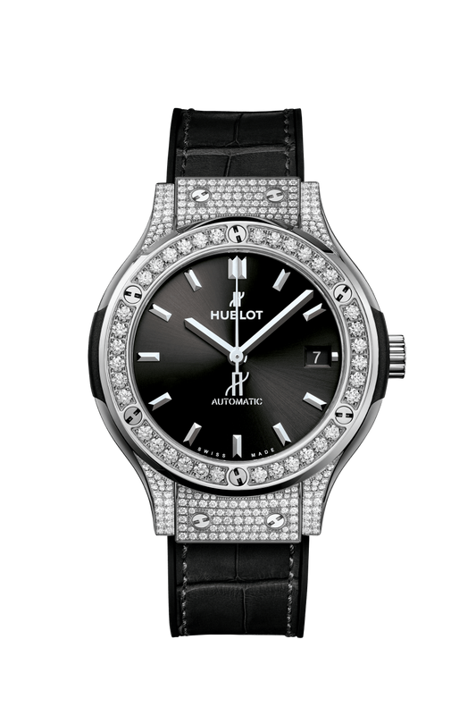 Hublot Classic Fusion Titanium Pave 38 MM - Black Rubber and Alligator Strap - Diamond Bezel - Matte Black Dial - 565.NX.1470.LR.1604