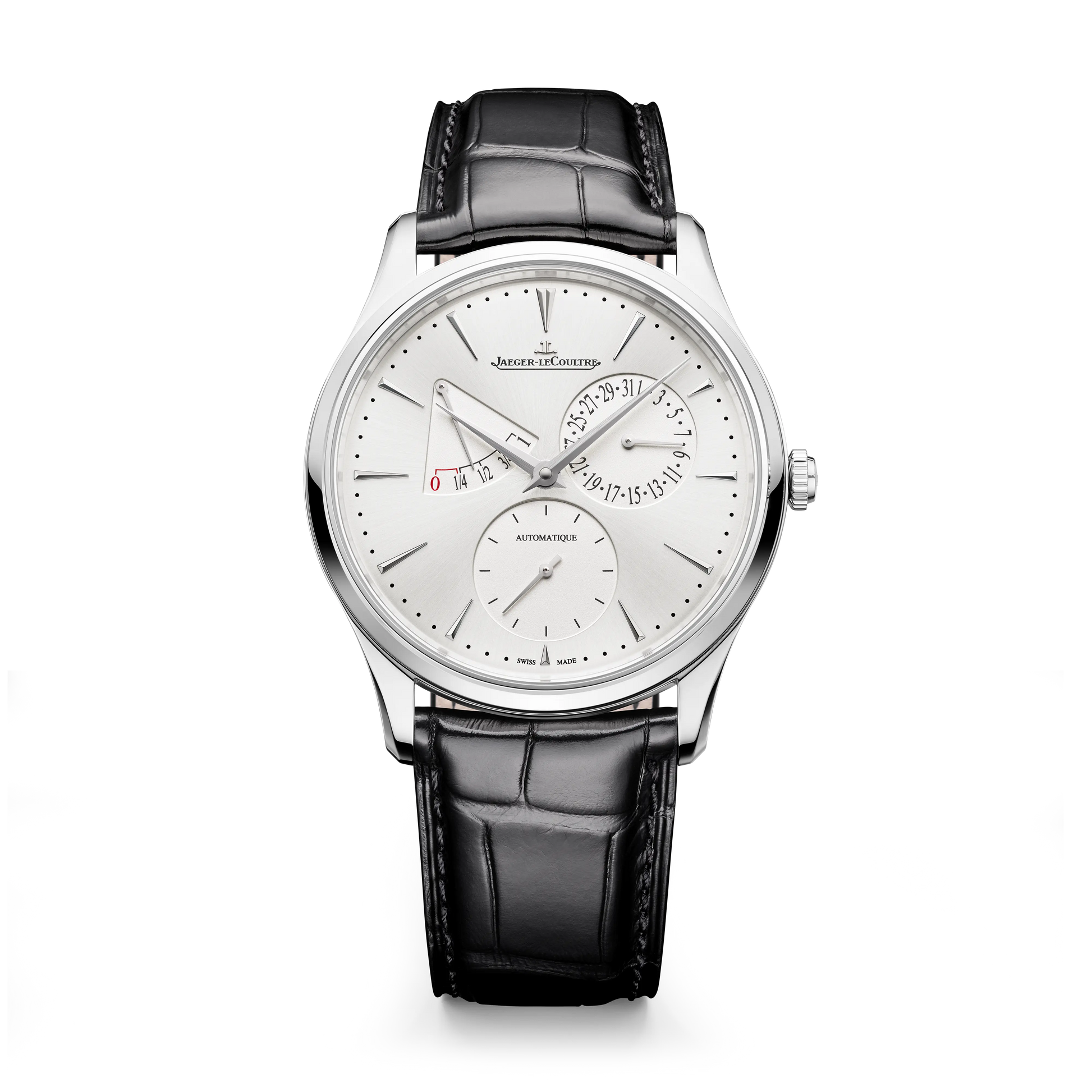 JLC - Master Ultra Thin Power Reserve - 39 MM - Stainless Steel - Silvered-Gray Dial - Black Leather Strap - Q1378421