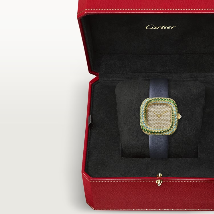 Cartier Coussin de Cartier Yellow Gold 30.4 MM - Blue Calfskin Strap - Diamond Bezel - Yellow Gold Diamond Dial - WJCS0009