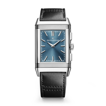 JLC - Reverso Tribute Chronograph - 49.4 MM x 29.9 MM - Stainless Steel - Blue/Open Dial - Blue Canvas/Black Leather Strap - Q389848J