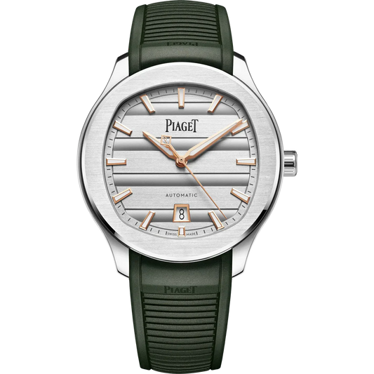 Piaget Polo Signature Date - Stainless Steel - 42 MM - Khaki Green Rubber Strap - Silver Dial - G0A51012