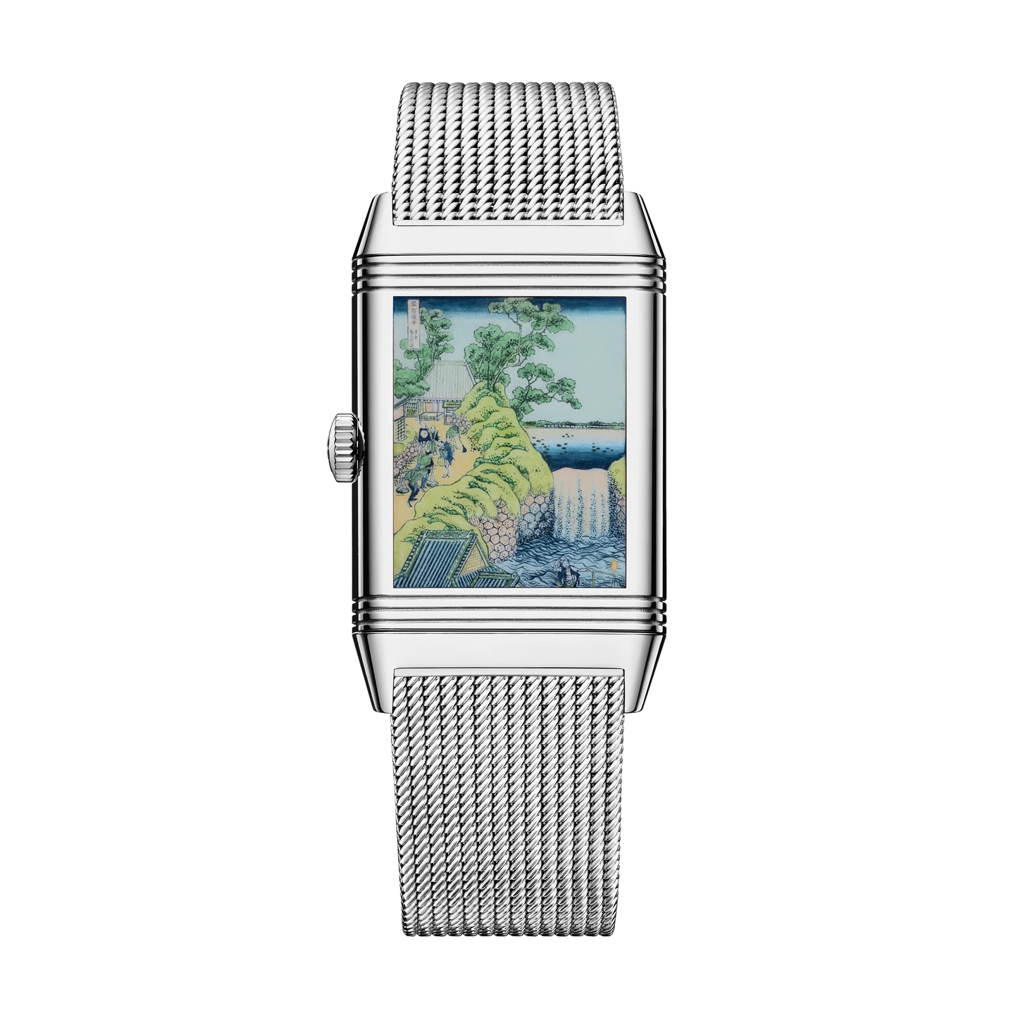 JLC - Reverso Tribute Enamel Hokusai Waterfalls Limited Edition - The Falls At Aoigaoka - 45.6 MM x 27.4 MM - White Gold - Blue Guilloché Enamel Dial - White Gold Bracelet / Black Leather Strap - Q39331T9