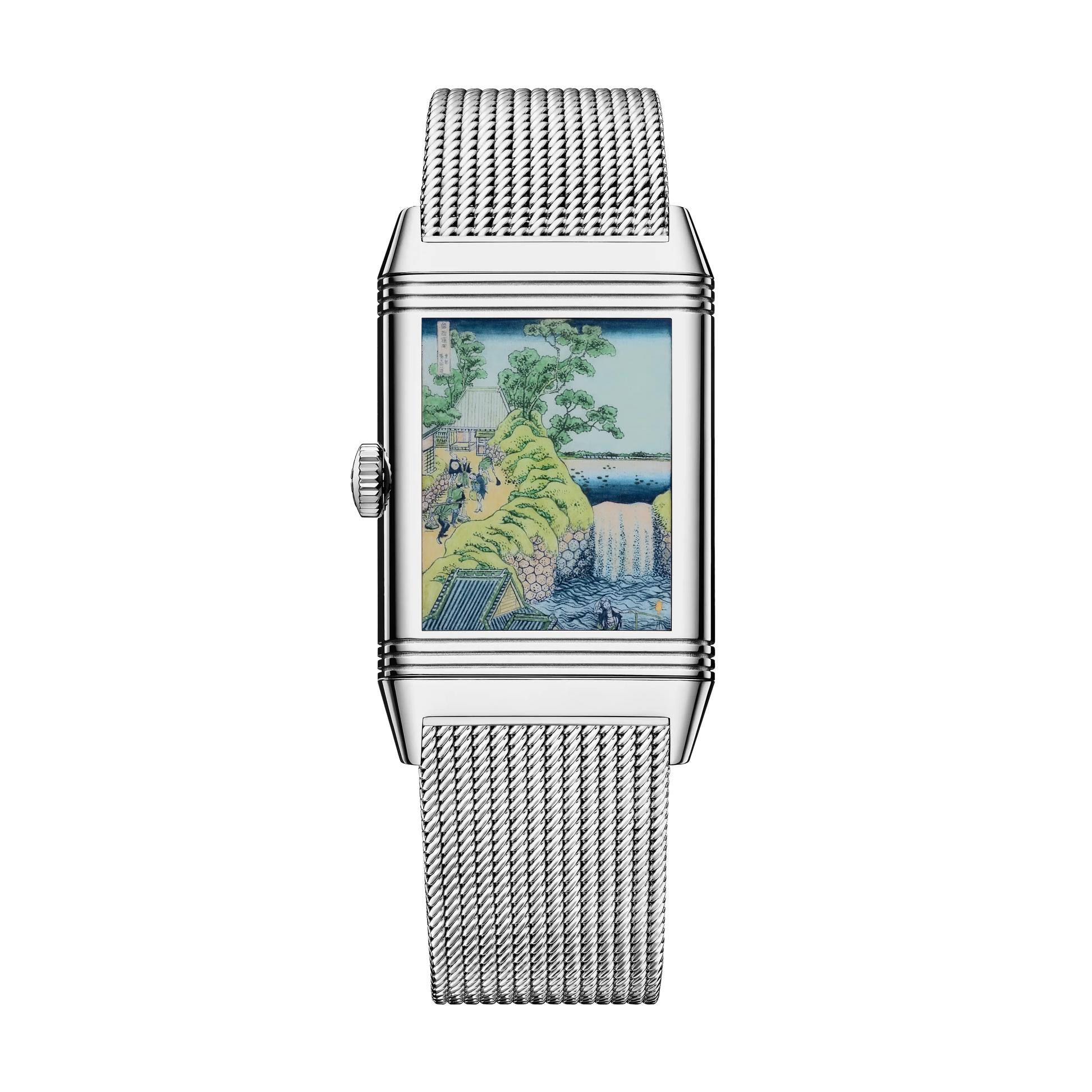 JLC - Reverso Tribute Enamel Hokusai Waterfalls Limited Edition - The Falls At Aoigaoka - 45.6 MM x 27.4 MM - White Gold - Blue Guilloché Enamel Dial - White Gold Bracelet / Black Leather Strap - Q39331T9