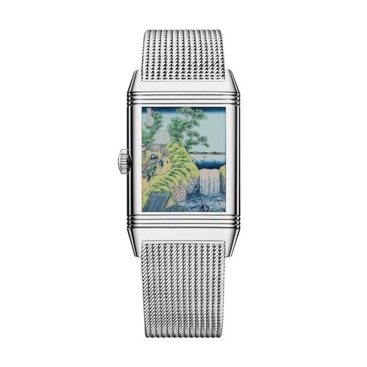 JLC - Reverso Tribute Enamel Hokusai Waterfalls Limited Edition - The Falls At Aoigaoka - 45.6 MM x 27.4 MM - White Gold - Blue Guilloché Enamel Dial - White Gold Bracelet / Black Leather Strap - Q39331T9