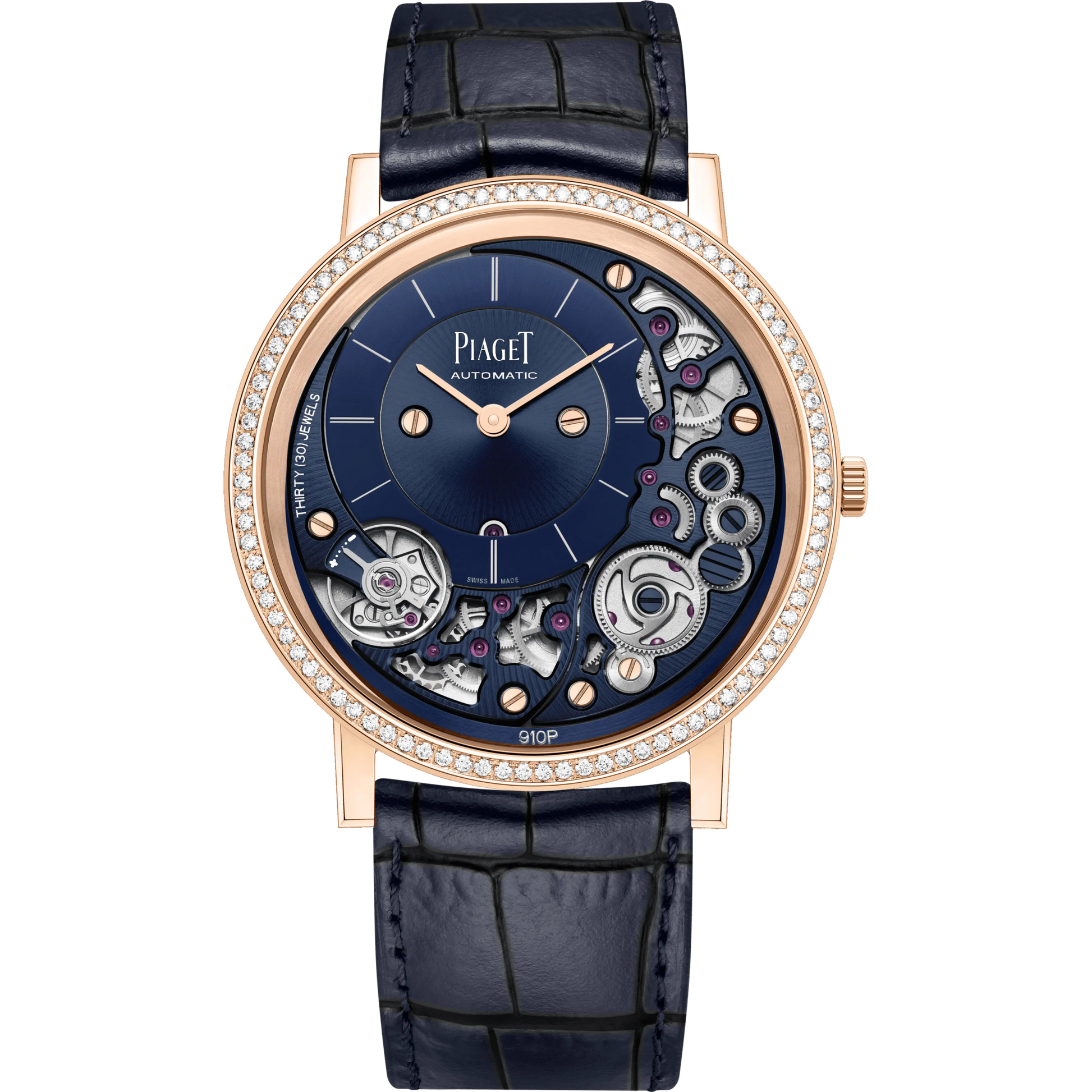 Piaget Altiplano - Rose Gold 41 MM - Blue Leather Strap - Diamond Bezel - Skeleton Dial - G0A47124