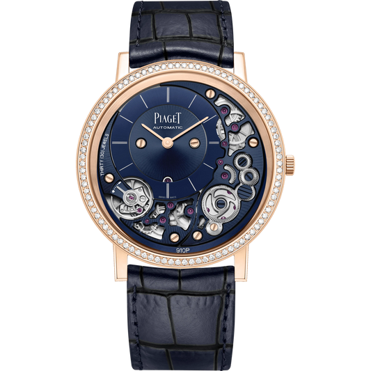 Piaget Altiplano - Rose Gold 41 MM - Blue Leather Strap - Diamond Bezel - Skeleton Dial - G0A47124