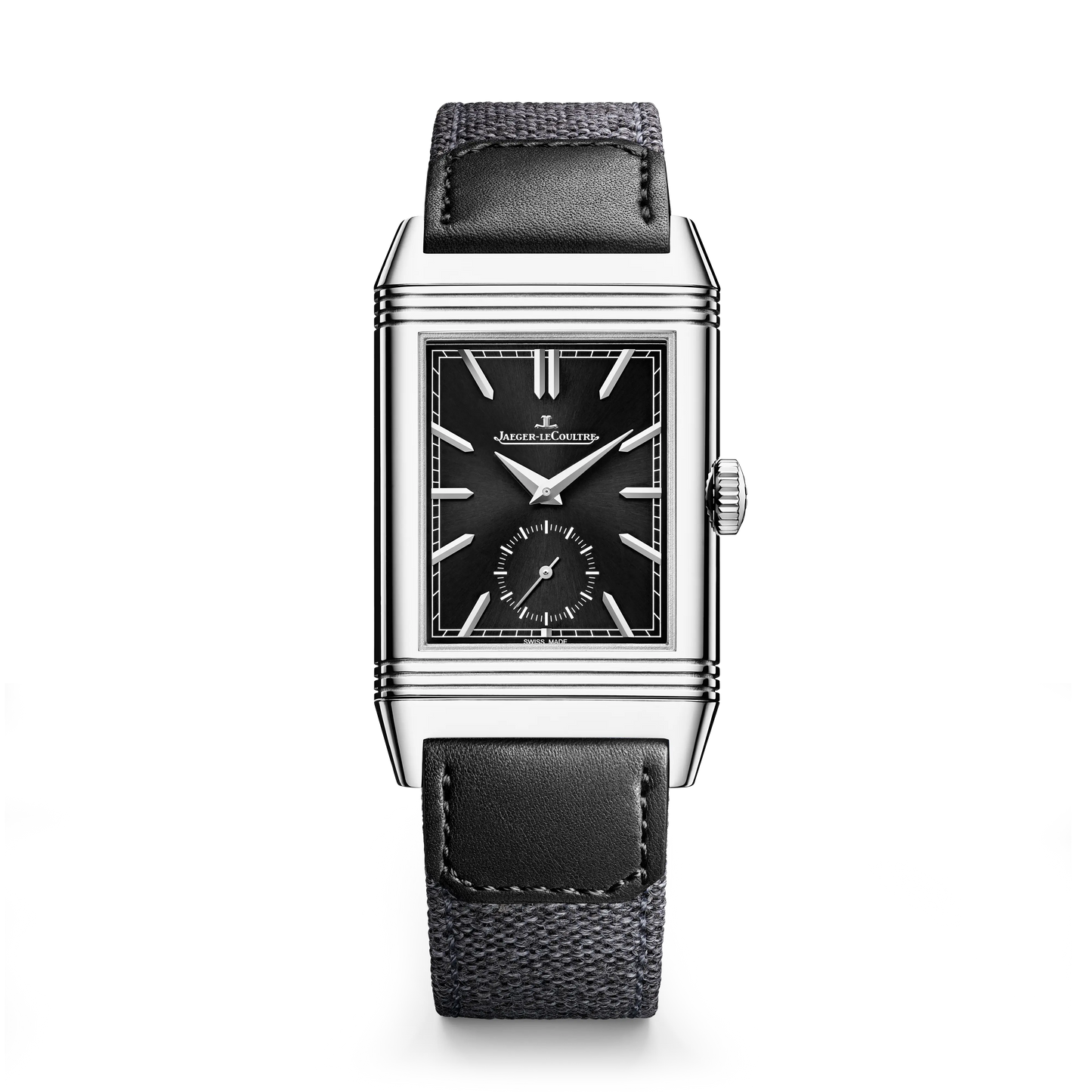 JLC - Reverso Tribute Duoface Small Seconds - 47 MM x 28.3 MM - Stainless Steel - Black/Silver Dial - Black Leather/Canvas Strap - Q398847J
