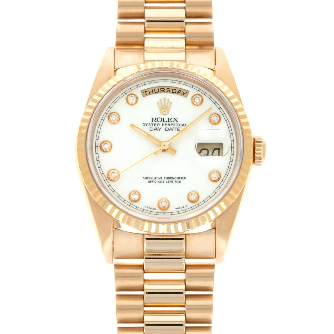 Rolex Day-Date - 36 MM - Yellow Gold - White Diamond Dial - 18238 whd  nyc watcher nyc watches