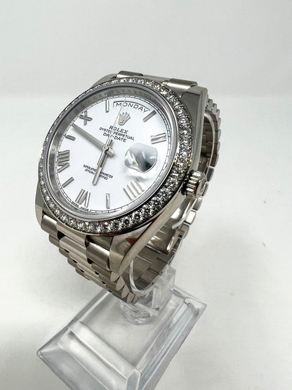 Rolex Presidential White Gold Day-Date 40MM - President Bracelet - Diamond Bezel - White Bevelled Roman Dial - 228349RBR-0039