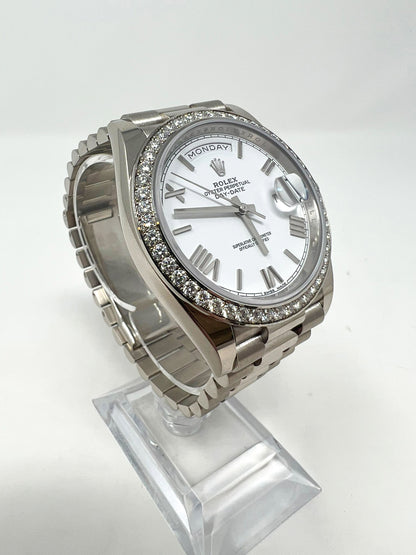 Rolex Presidential White Gold Day-Date 40MM - President Bracelet - Diamond Bezel - White Bevelled Roman Dial - 228349RBR-0039
