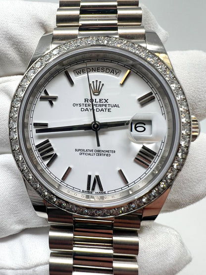Rolex Presidential White Gold Day-Date 40MM - President Bracelet - Diamond Bezel - White Bevelled Roman Dial - 228349RBR-0039