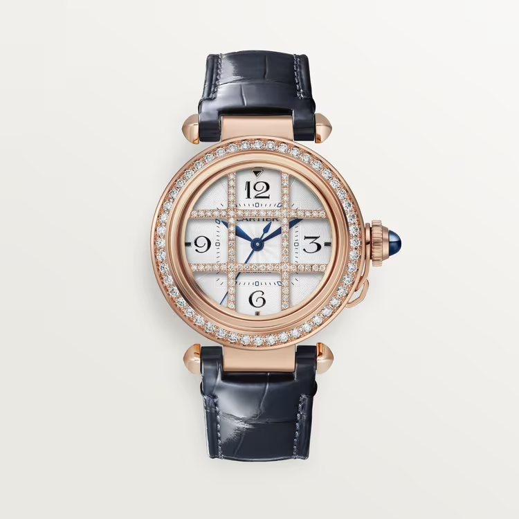 Cartier Pasha de Cartier Rose gold 35 MM - Blue Alligator Leather Strap - Diamond Bezel - Opaline Flinqué Dial - WJPA0020