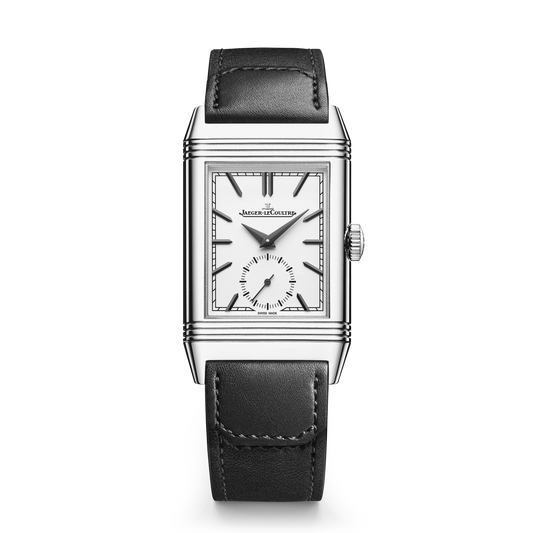 JLC - Reverso Tribute Monoface Small Seconds - 45.6 MM x 27.4 MM - Stainless Steel - Silvered-Gray Opaline Dial - Black Leather/Canvas Strap - Q713843J