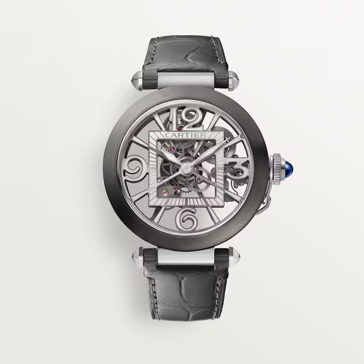 Cartier Pasha de Cartier Steel 41 MM - Dark Gray Alligator Leather Strap - Second Black Alligator Leather Strap  - Skeleton Dial - WHPA0017