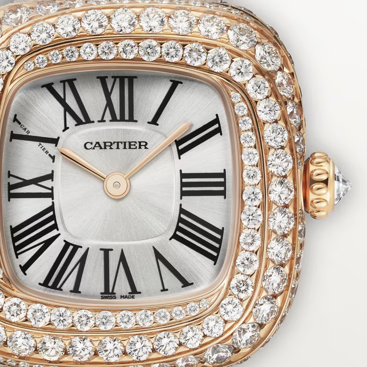 Cartier Coussin de Cartier Rose gold 27.1 MM - Beige Calfskin Strap - Diamond Bezel - Silvered Sunray Dial - WJCS0004