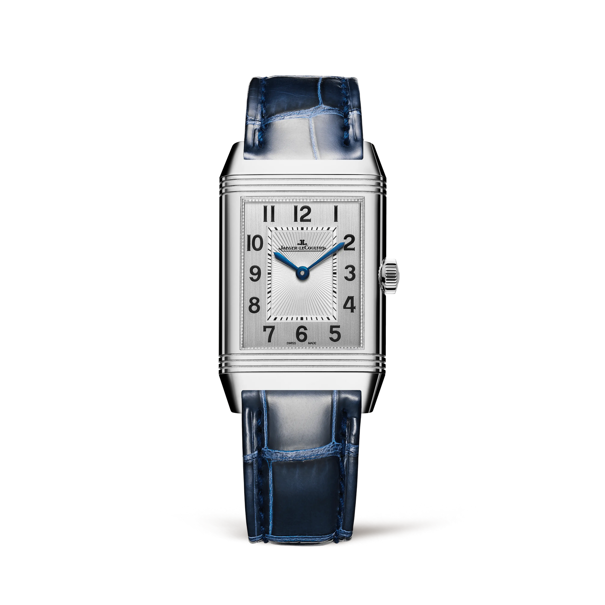 JLC - Reverso Classic Duetto - 40 MM x 24 MM - Stainless Steel - Silvered-Gray/Black Dial - Diamond-Set Verso - Blue Leather Strap - Q2588422