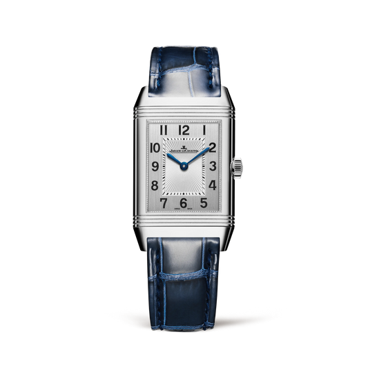 JLC - Reverso Classic Duetto - 40 MM x 24 MM - Stainless Steel - Silvered-Gray/Black Dial - Diamond-Set Verso - Blue Leather Strap - Q2588422