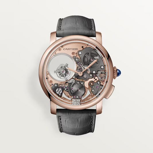 Cartier Ronde Rotonde de Cartier Rose gold 45 MM - Dark gray Alligator Leather Strap - Skeleton Dial - WHRO0061