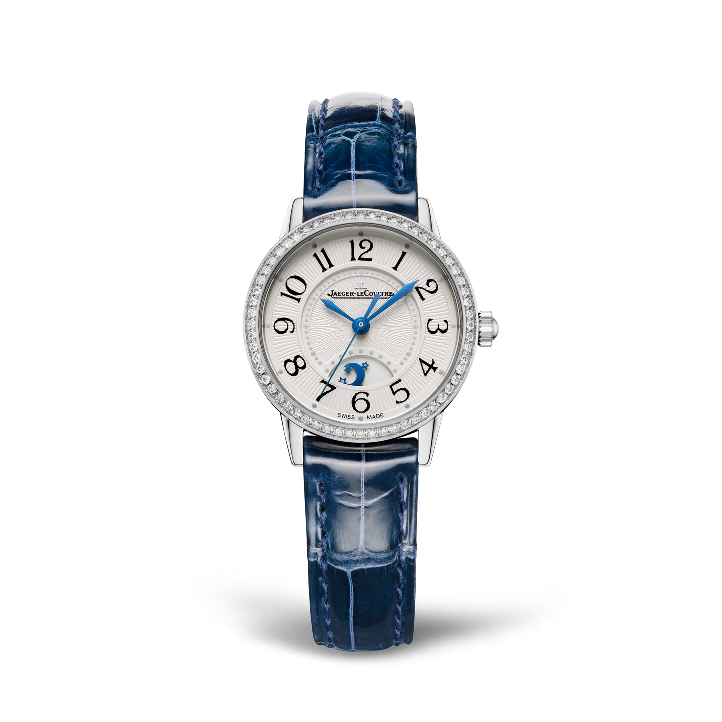 JLC - Rendez-Vous Classic Night & Day - 29 MM - Stainless Steel - Silvered-Gray Guilloché Dial - Diamond Bezel - Blue Leather Strap - Q3468430