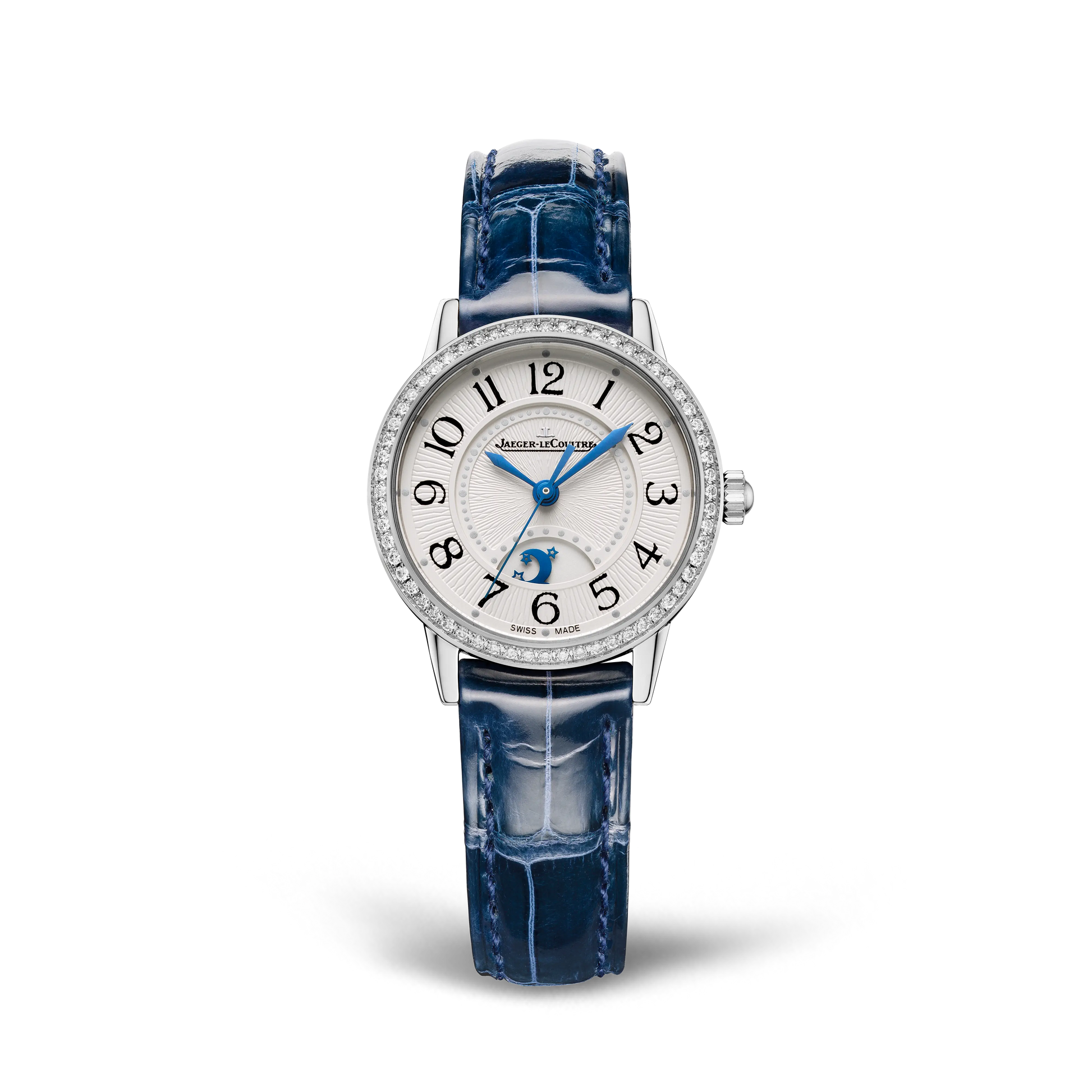 JLC - Rendez-Vous Classic Night & Day - 29 MM - Stainless Steel - Silvered-Gray Guilloché Dial - Diamond Bezel - Blue Leather Strap - Q3468430