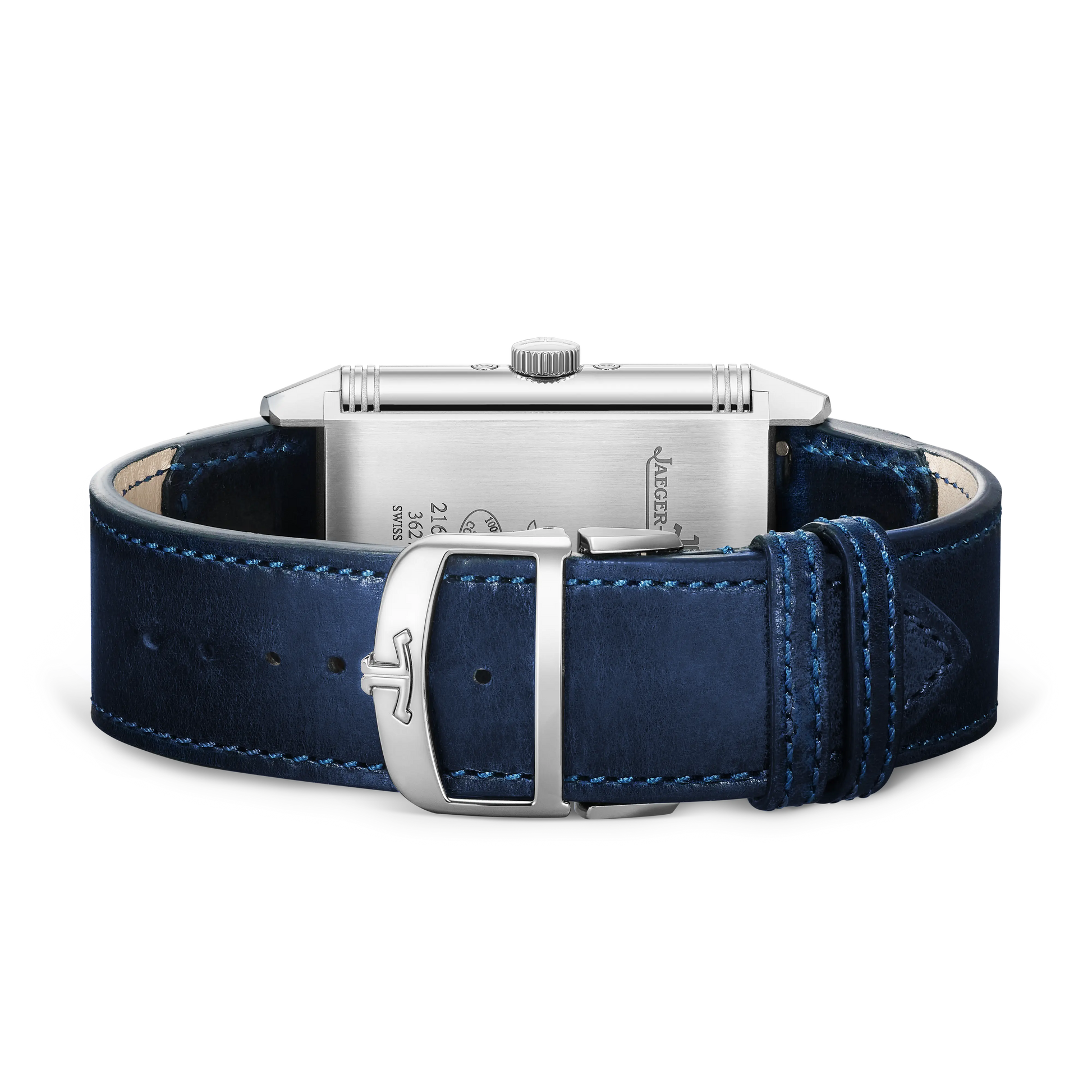 JLC - Reverso Tribute Duoface Calendar - 49.4 MM x 29.9 MM - Stainless Steel - Silvered-Gray/Blue Dial - Blue Leather/Canvas Strap - Q3918420