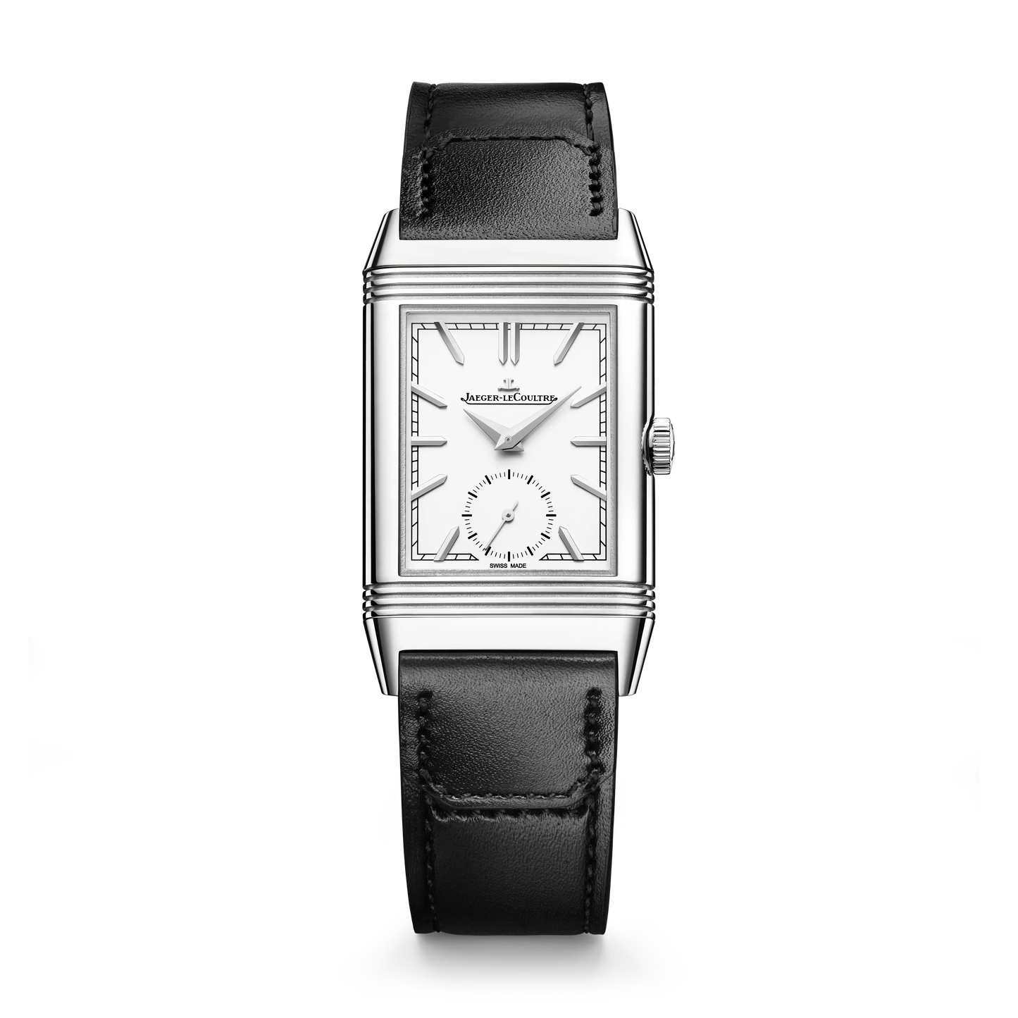 JLC - Reverso Tribute Duoface Small Seconds - 42.9 MM x 25.5 MM - Stainless Steel - Silver/Blue Dial - Black Leather Strap - Q3908410