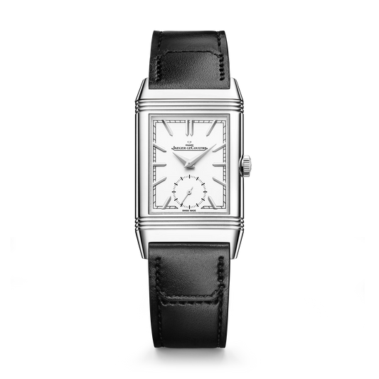 JLC - Reverso Tribute Duoface Small Seconds - 42.9 MM x 25.5 MM - Stainless Steel - Silver/Blue Dial - Black Leather Strap - Q3908410