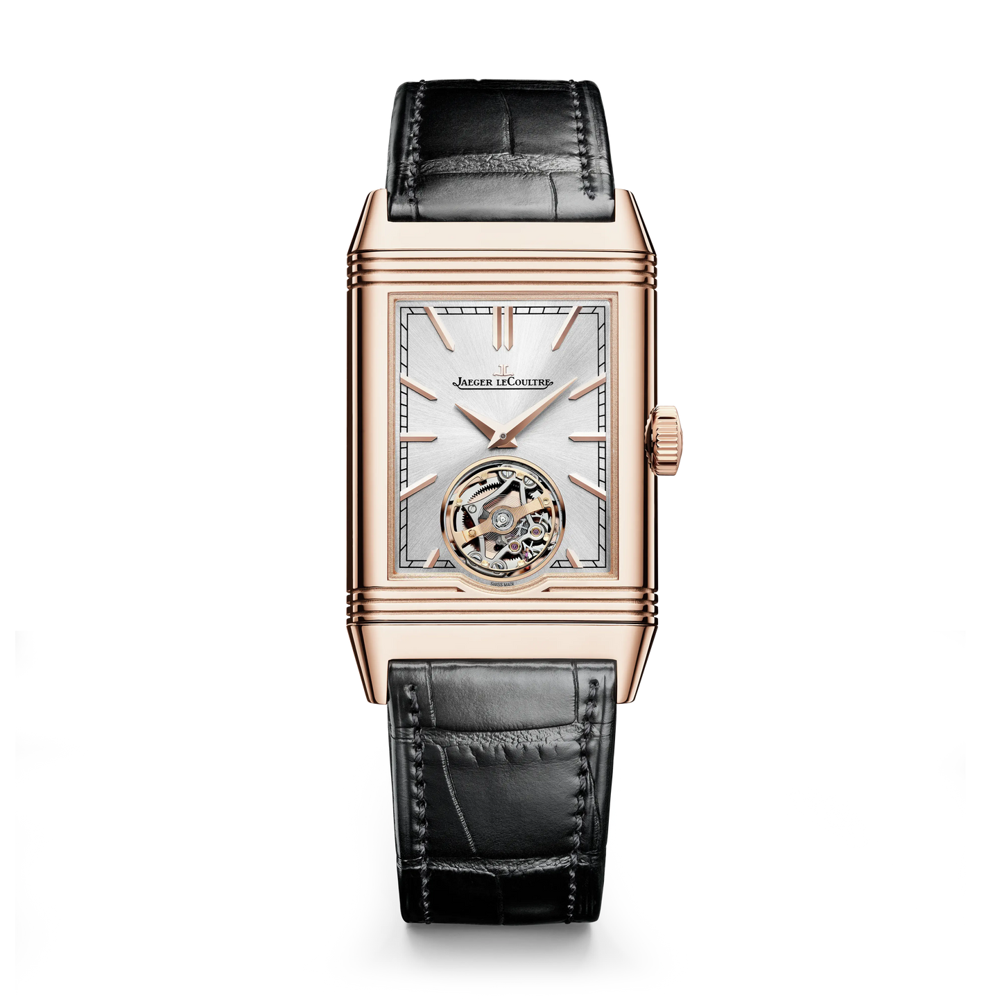 JLC - Reverso Tribute Duoface Tourbillon - 45.5 MM x 27.4 MM - Pink Gold - Silvered-Gray/Black Dial - Black Leather Strap - Q392243J