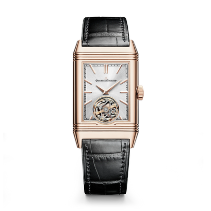 JLC - Reverso Tribute Duoface Tourbillon - 45.5 MM x 27.4 MM - Pink Gold - Silvered-Gray/Black Dial - Black Leather Strap - Q392243J