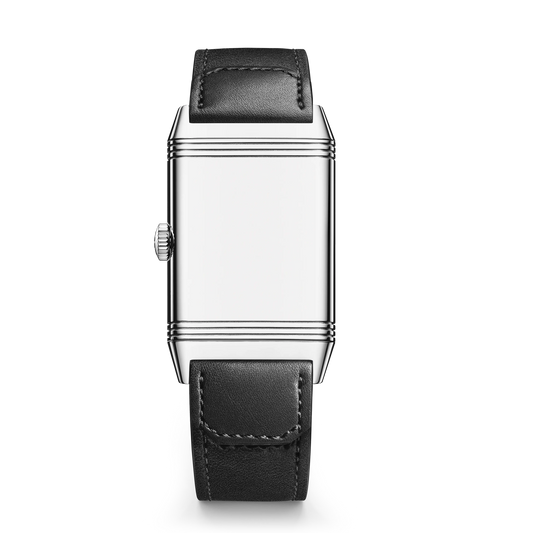 JLC - Reverso Tribute Monoface Small Seconds - 45.6 MM x 27.4 MM - Stainless Steel - Silvered-Gray Opaline Dial - Black Leather/Canvas Strap - Q713843J