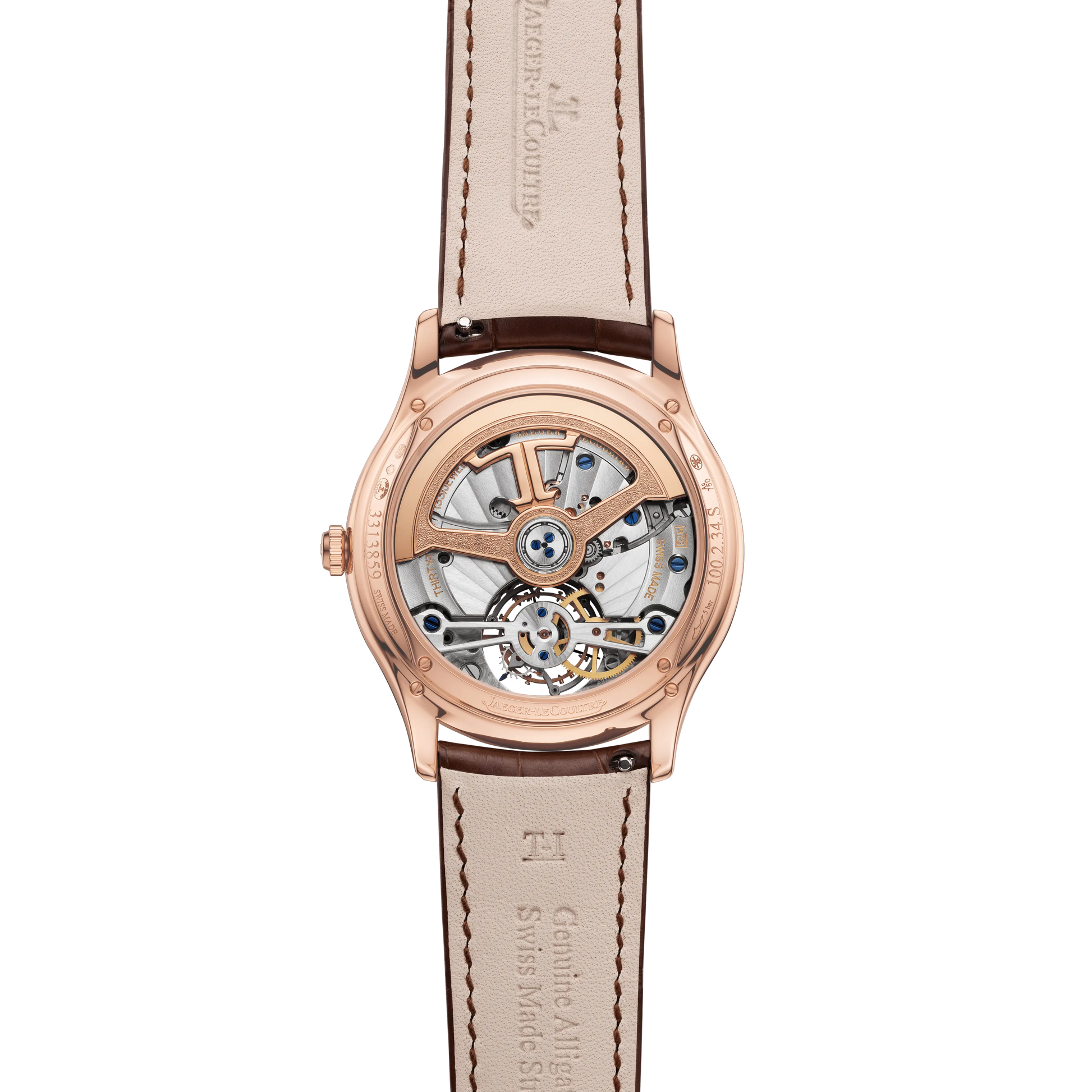 JLC - Master Ultra Thin Tourbillon - 40 MM - Pink Gold - Eggshell Beige Dial - Diamond Bezel - Brown Leather Strap - Q1682401