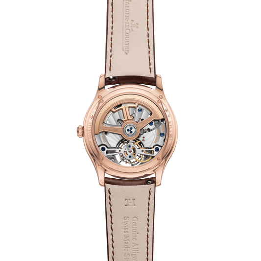 JLC - Master Ultra Thin Tourbillon - 40 MM - Pink Gold - Eggshell Beige Dial - Diamond Bezel - Brown Leather Strap - Q1682401