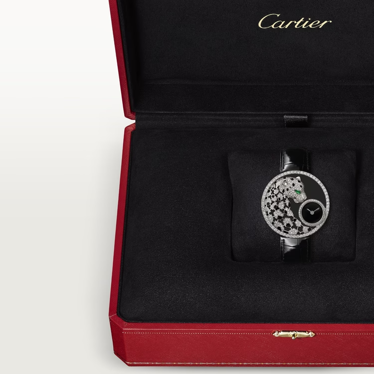 Cartier Panthère White Gold 36 MM - Shiny Dark Green Alligator Leather Strap - Diamond Bezel - Black Lacquer Dial - HPI01294