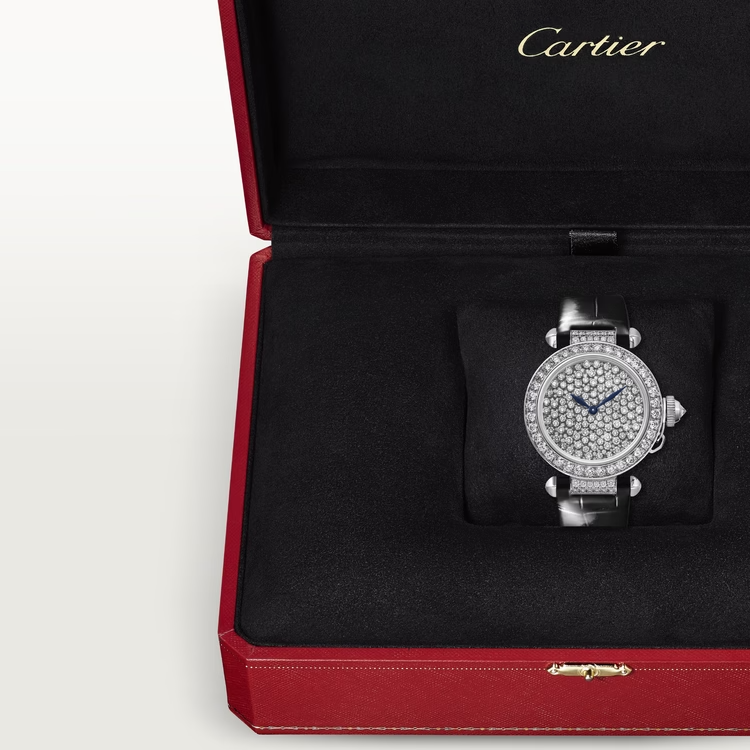 Cartier Pasha de Cartier White gold 35 MM - Black Alligator Leather Strap - Diamond Bezel - Diamond Dial - HPI01450