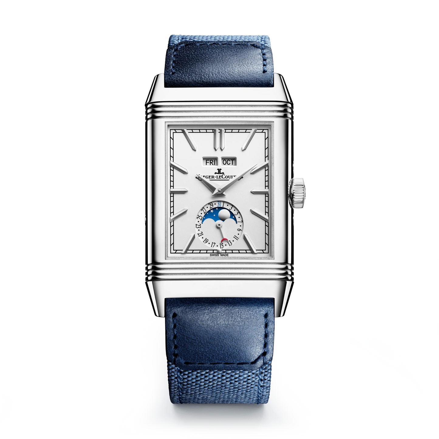 JLC - Reverso Tribute Duoface Calendar - 49.4 MM x 29.9 MM - Stainless Steel - Silvered-Gray/Blue Dial - Blue Leather/Canvas Strap - Q3918420