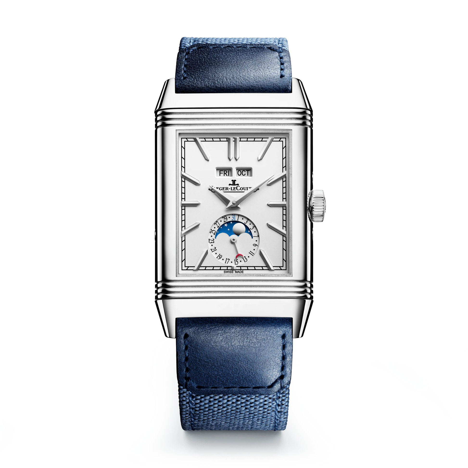 JLC - Reverso Tribute Duoface Calendar - 49.4 MM x 29.9 MM - Stainless Steel - Silvered-Gray/Blue Dial - Blue Leather/Canvas Strap - Q3918420