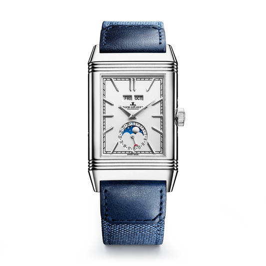 JLC - Reverso Tribute Duoface Calendar - 49.4 MM x 29.9 MM - Stainless Steel - Silvered-Gray/Blue Dial - Blue Leather/Canvas Strap - Q3918420