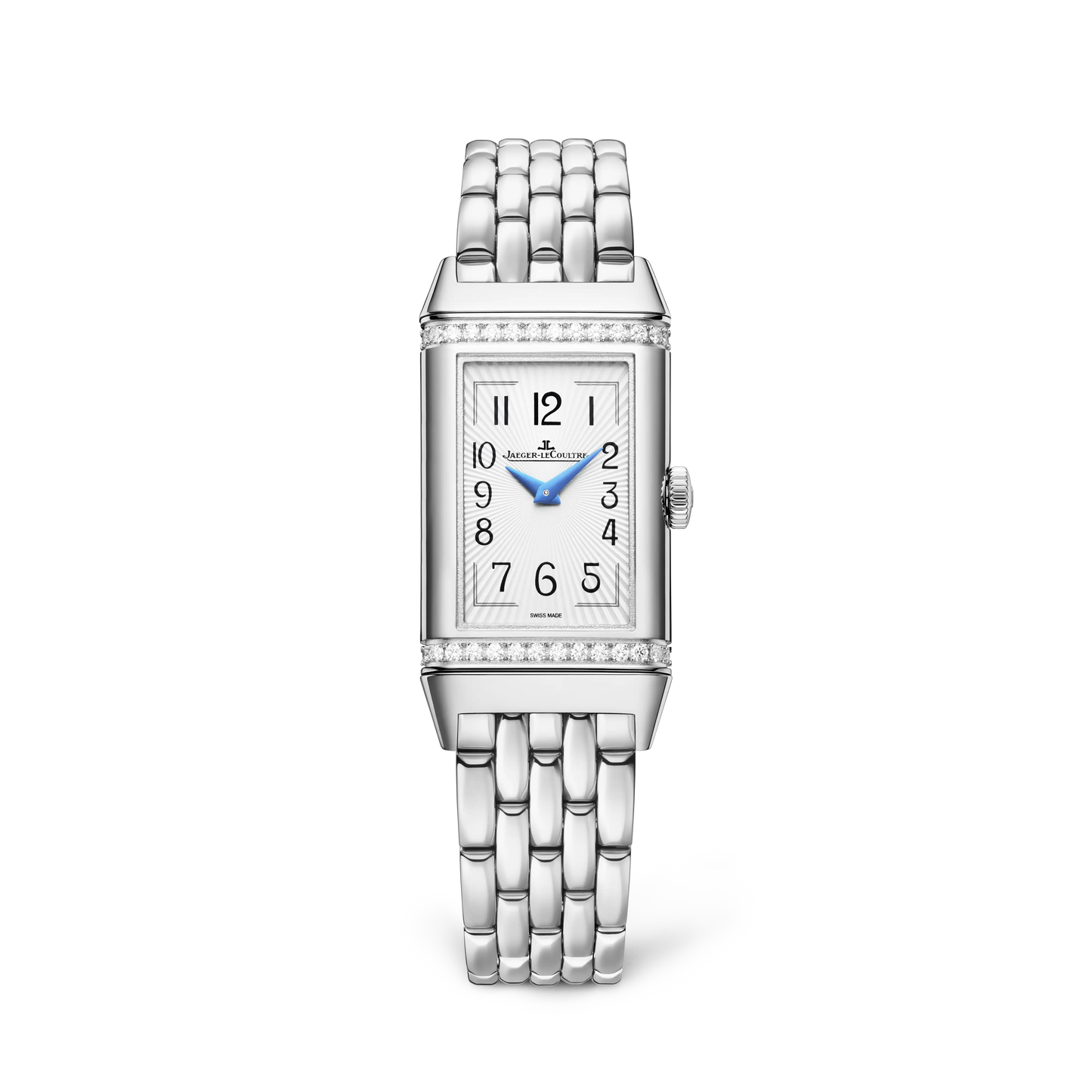 JLC - Reverso One Duetto - 40.1 MM x 20 MM - Stainless Steel - Silvered-Gray/Midnight Blue Dial - Diamond-Set Case - Stainless Steel Bracelet/Blue Leather Strap - Q334818J