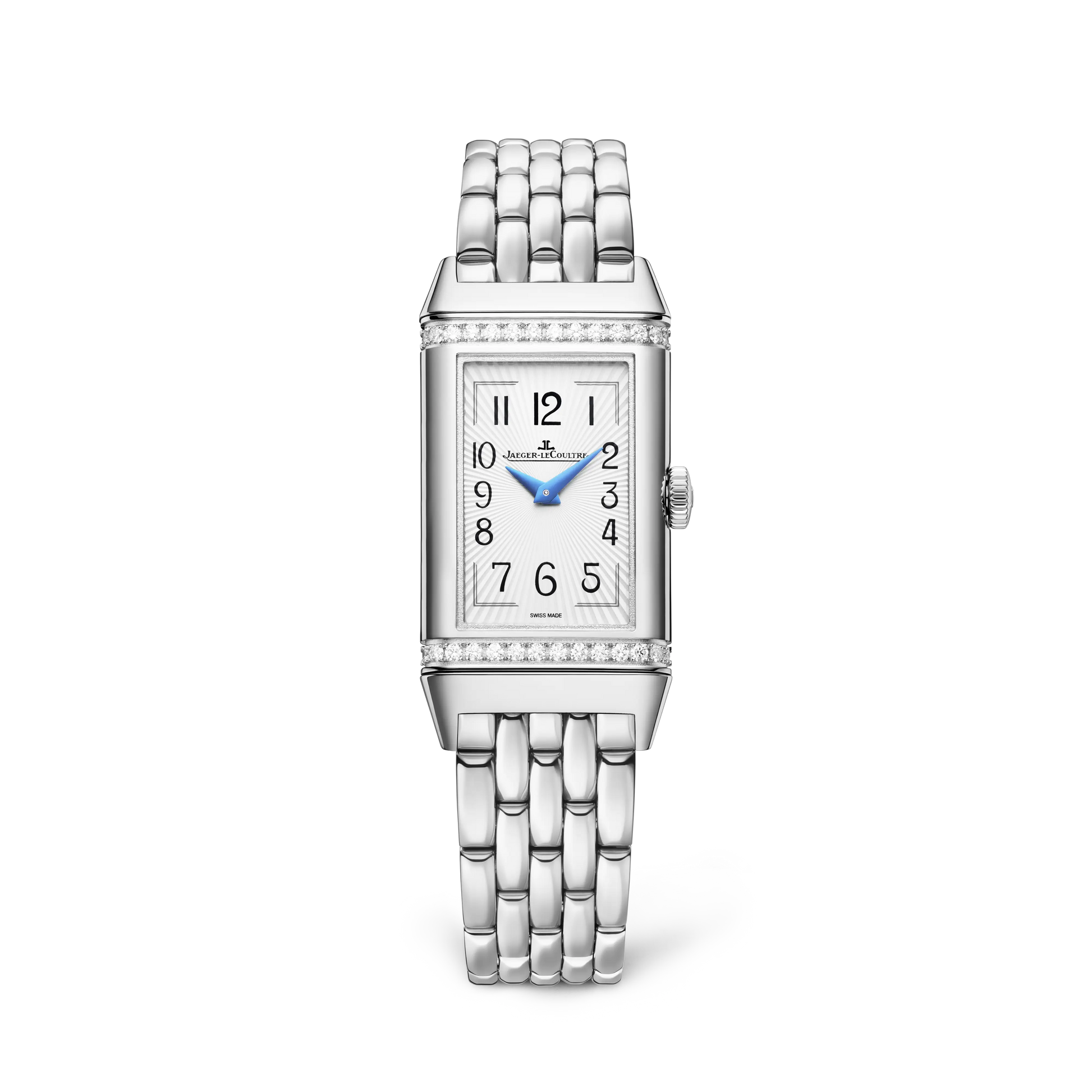 JLC - Reverso One Duetto - 40.1 MM x 20 MM - Stainless Steel - Silvered-Gray/Midnight Blue Dial - Diamond-Set Case - Stainless Steel Bracelet/Blue Leather Strap - Q334818J
