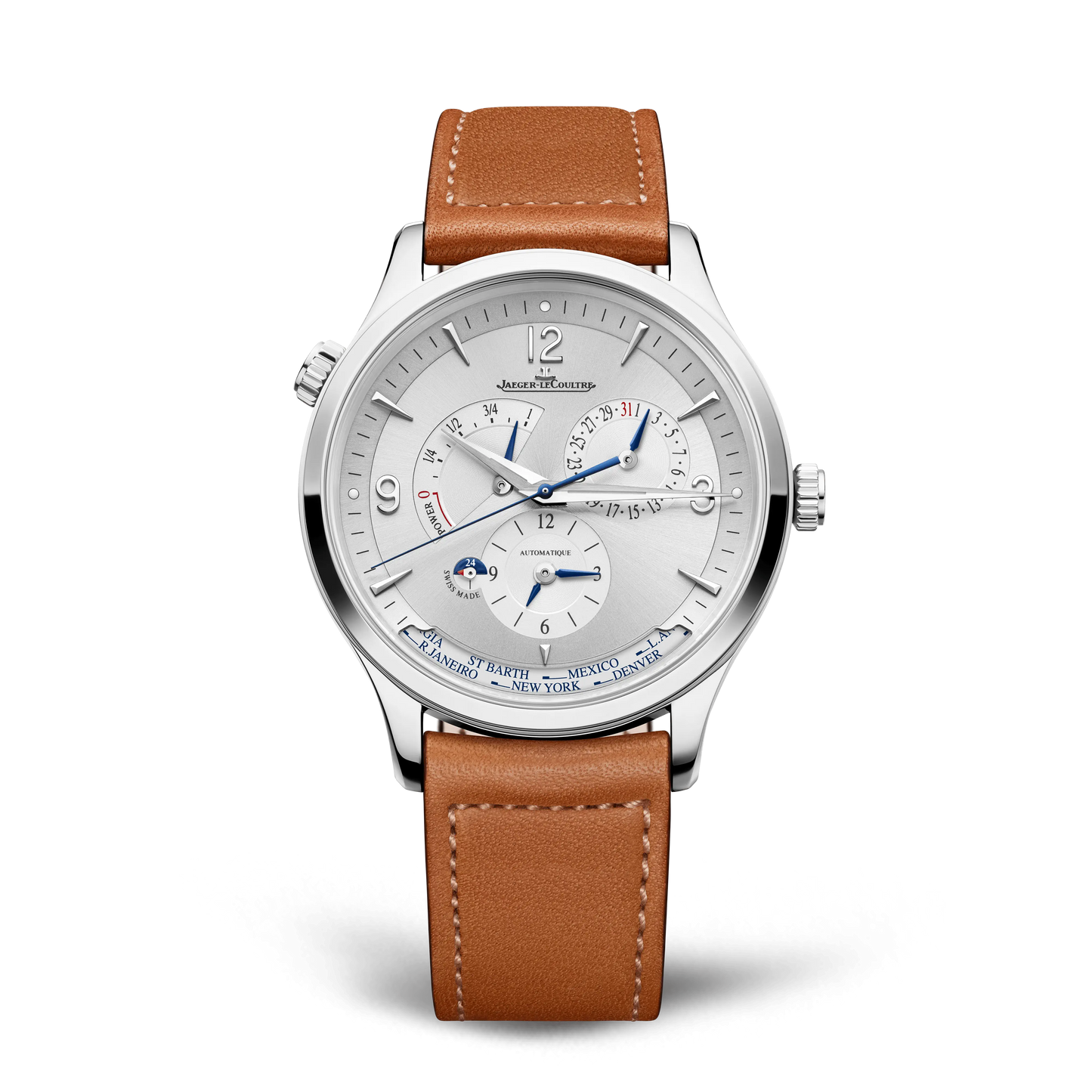 JLC - Master Control Geographic - 40 MM - Stainless Steel - Silvered-Gray Dial - Brown Leather Strap - Q4128421