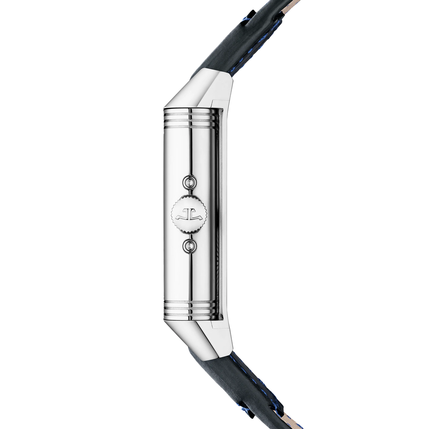 JLC - Reverso Tribute Duoface Calendar - 49.4 MM x 29.9 MM - Stainless Steel - Silvered-Gray/Blue Dial - Blue Leather/Canvas Strap - Q3918420