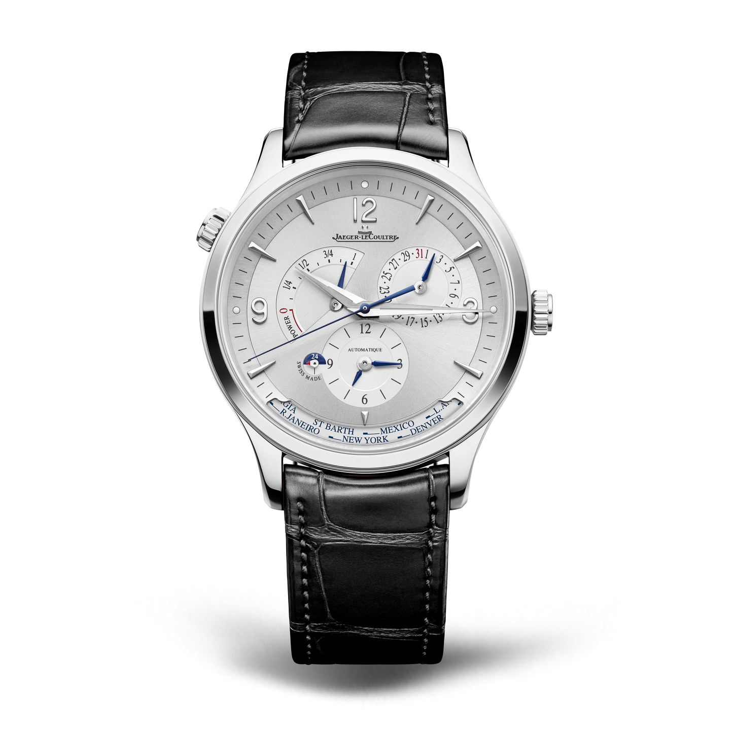 JLC - Master Control Geographic - 40 MM - Stainless Steel - Silvered-Gray Dial - Brown Leather Strap - Q4128421