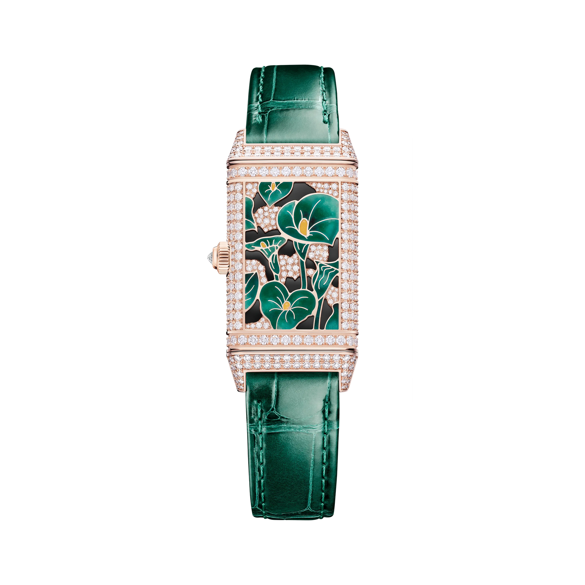 JLC - Reverso One Precious Flowers - Limited Edition - 40 MM x 20 MM - Pink Gold - Mother-Of-Pearl Dial - Diamond-Set Case - Green Leather Strap - Q3292434