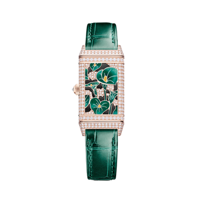 JLC - Reverso One Precious Flowers - Limited Edition - 40 MM x 20 MM - Pink Gold - Mother-Of-Pearl Dial - Diamond-Set Case - Green Leather Strap - Q3292434