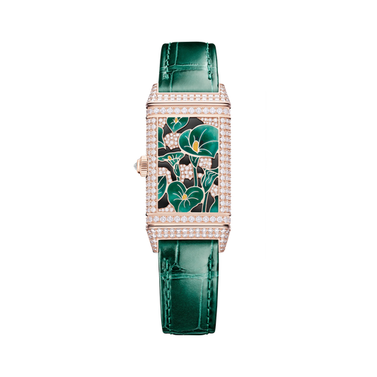 JLC - Reverso One Precious Flowers - Limited Edition - 40 MM x 20 MM - Pink Gold - Mother-Of-Pearl Dial - Diamond-Set Case - Green Leather Strap - Q3292434