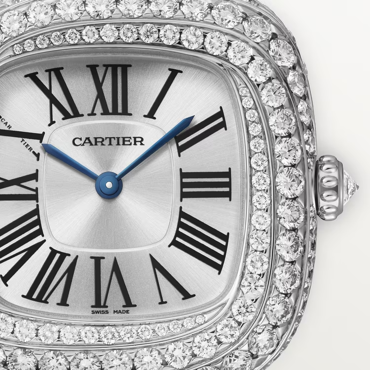 Cartier Coussin de Cartier White Gold 30.4 MM - Blue Calfskin Strap - Diamond Bezel - Silvered Sunray Dial -  WJCS0003